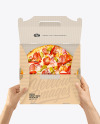 Opened Kraft Box w/ Pizza In Hands Mockup