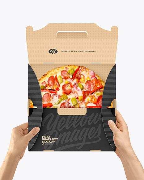 Opened Kraft Box w/ Pizza In Hands Mockup