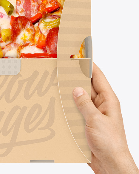 Opened Kraft Box w/ Pizza In Hands Mockup