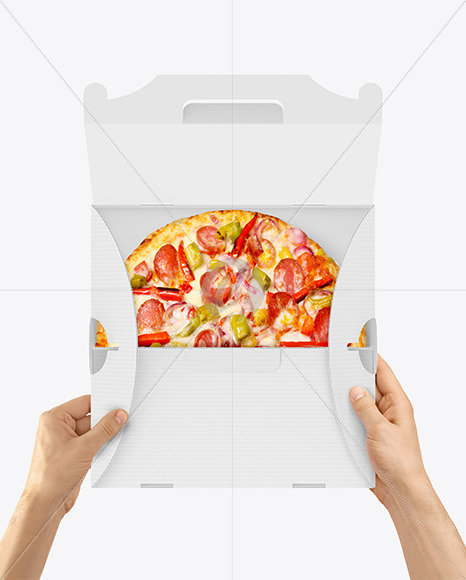 Opened Corrugated Box w/ Pizza In Hands Mockup