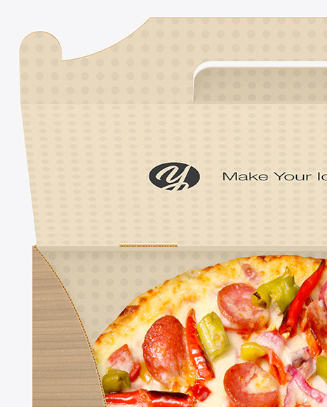 Opened Corrugated Box w/ Pizza In Hands Mockup