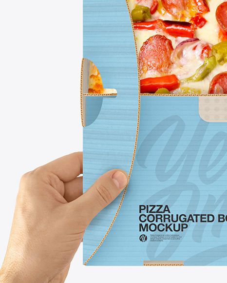 Opened Corrugated Box w/ Pizza In Hands Mockup