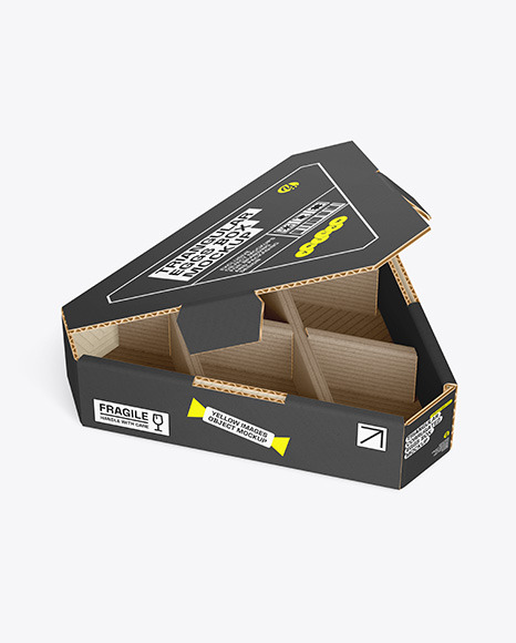 Opened Corrugated Triangular Box w/ Eggs Mockup