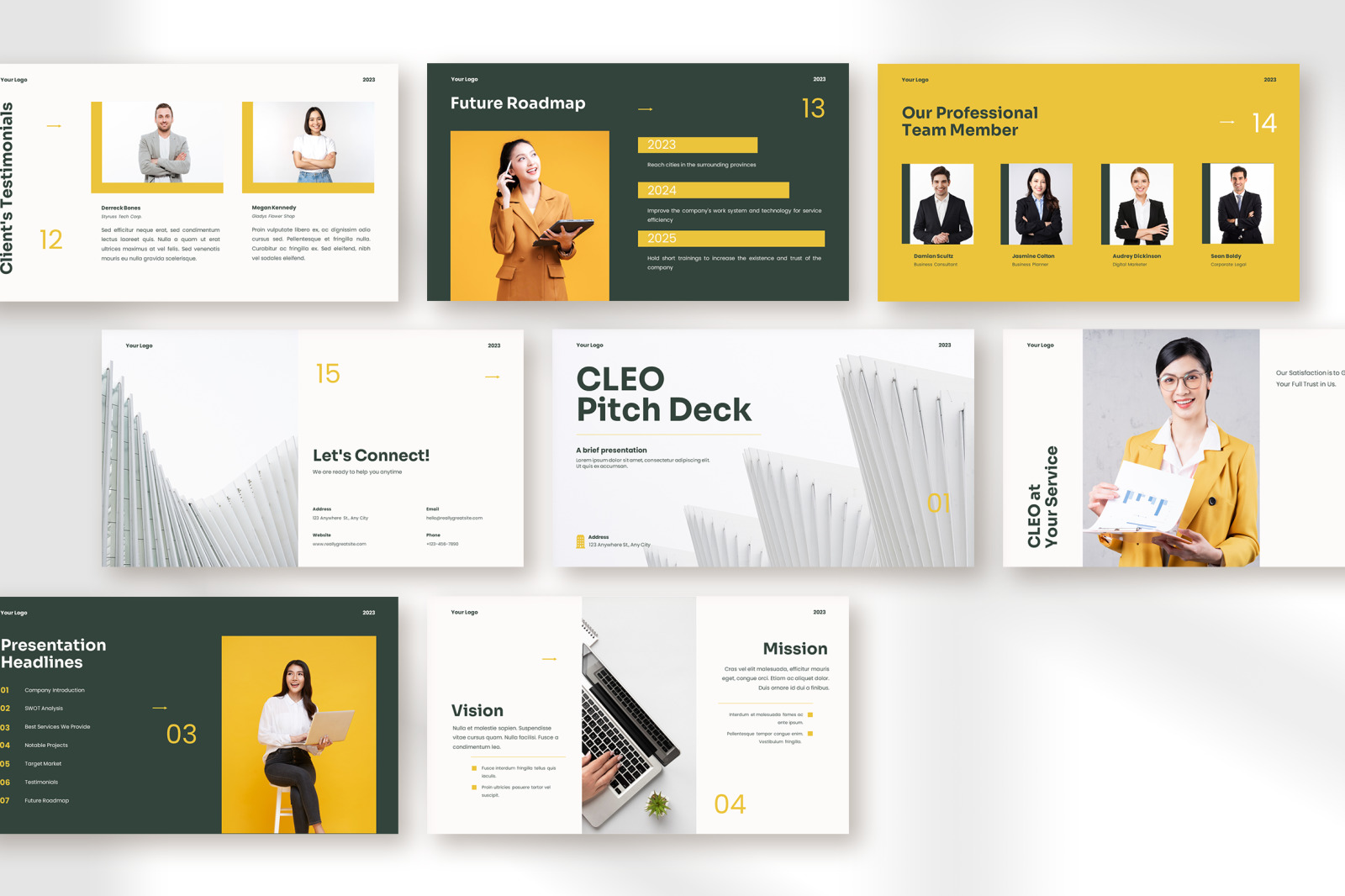 Cleo – yellow pine clean modern pitch deck presentation