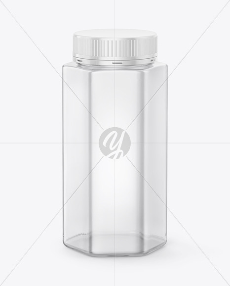 Empty Clear Plastic Hexagonal Jar w/ Glossy Plastic Screw Cap Mockup