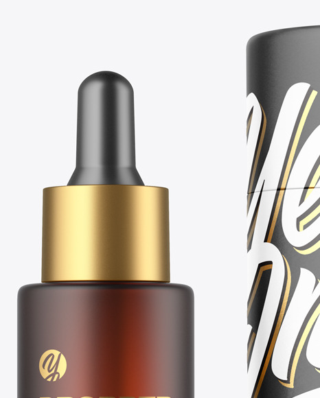 Frosted Amber Glass Dropper Bottle With Paper Tube Mockup