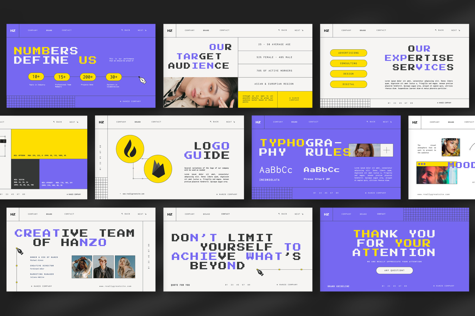 Hanzo – white violet creative agency brand guideline presentation