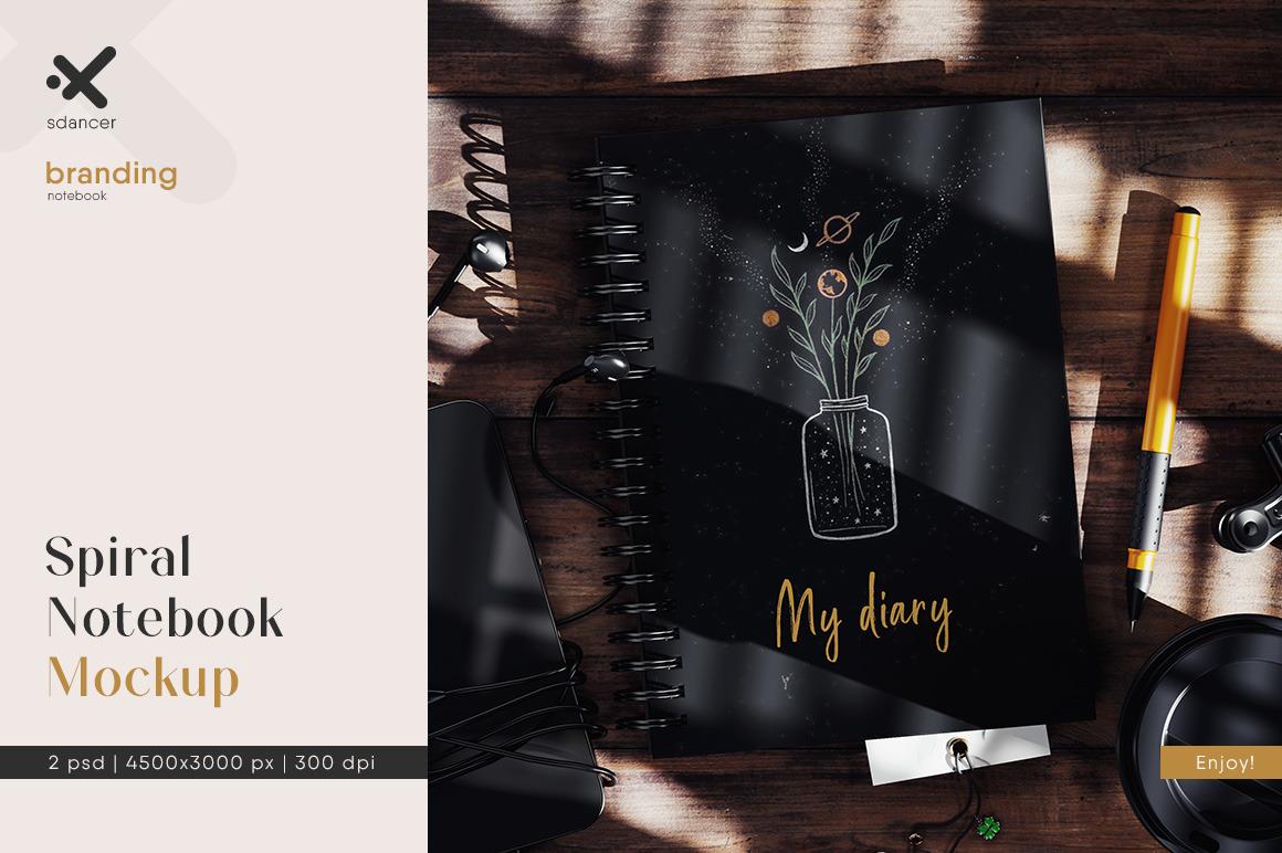 Spiral Notebook On Wooden Surface With Hard Shadow Mockup Spiral Notebook On Wooden Surface With Hard Shadow Mockup