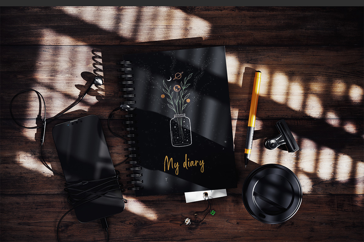 Spiral Notebook On Wooden Surface With Hard Shadow Mockup Spiral Notebook On Wooden Surface With Hard Shadow Mockup