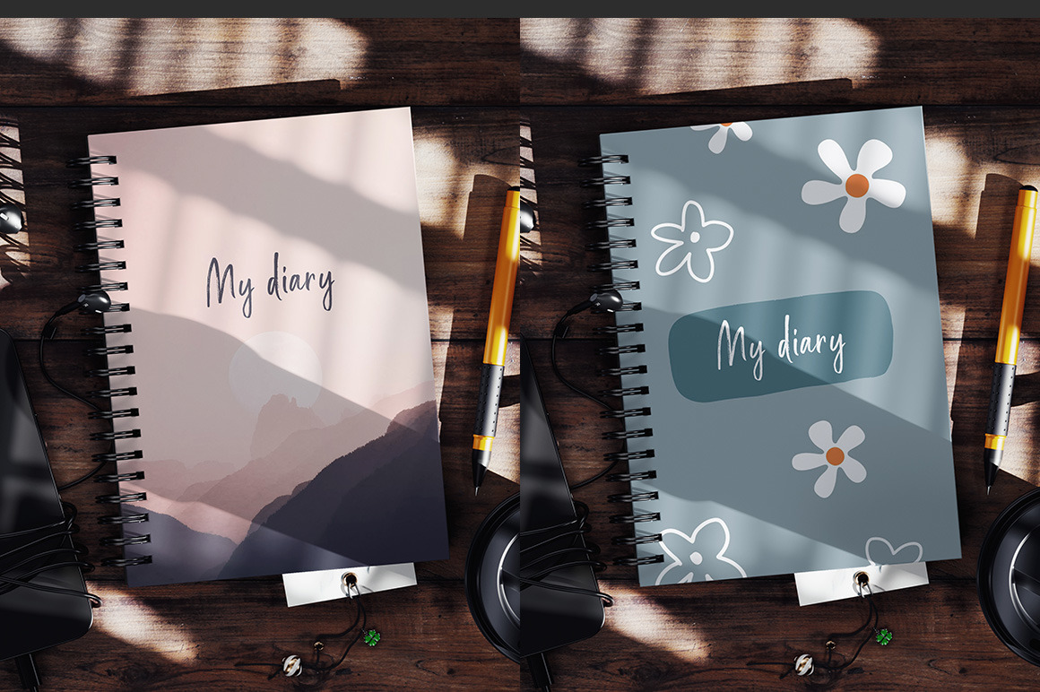 Spiral Notebook On Wooden Surface With Hard Shadow Mockup Spiral Notebook On Wooden Surface With Hard Shadow Mockup