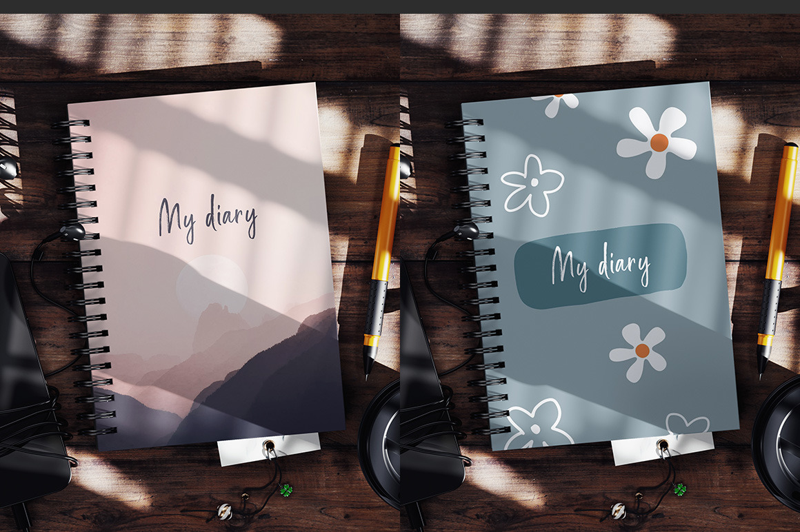 Spiral Notebook On Wooden Surface With Hard Shadow Mockup