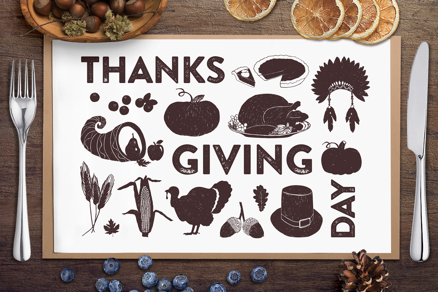 Thanksgiving Vector Pack. 15 Hand Drawn Objects + 4 Cards.