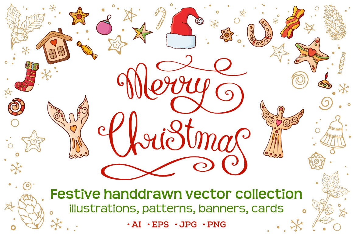 Christmas set with festive handdrawn elements. Christmas set with festive handdrawn elements.