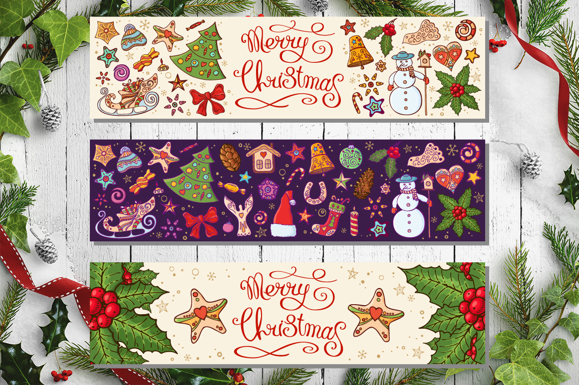 Christmas set with festive handdrawn elements. Christmas set with festive handdrawn elements.