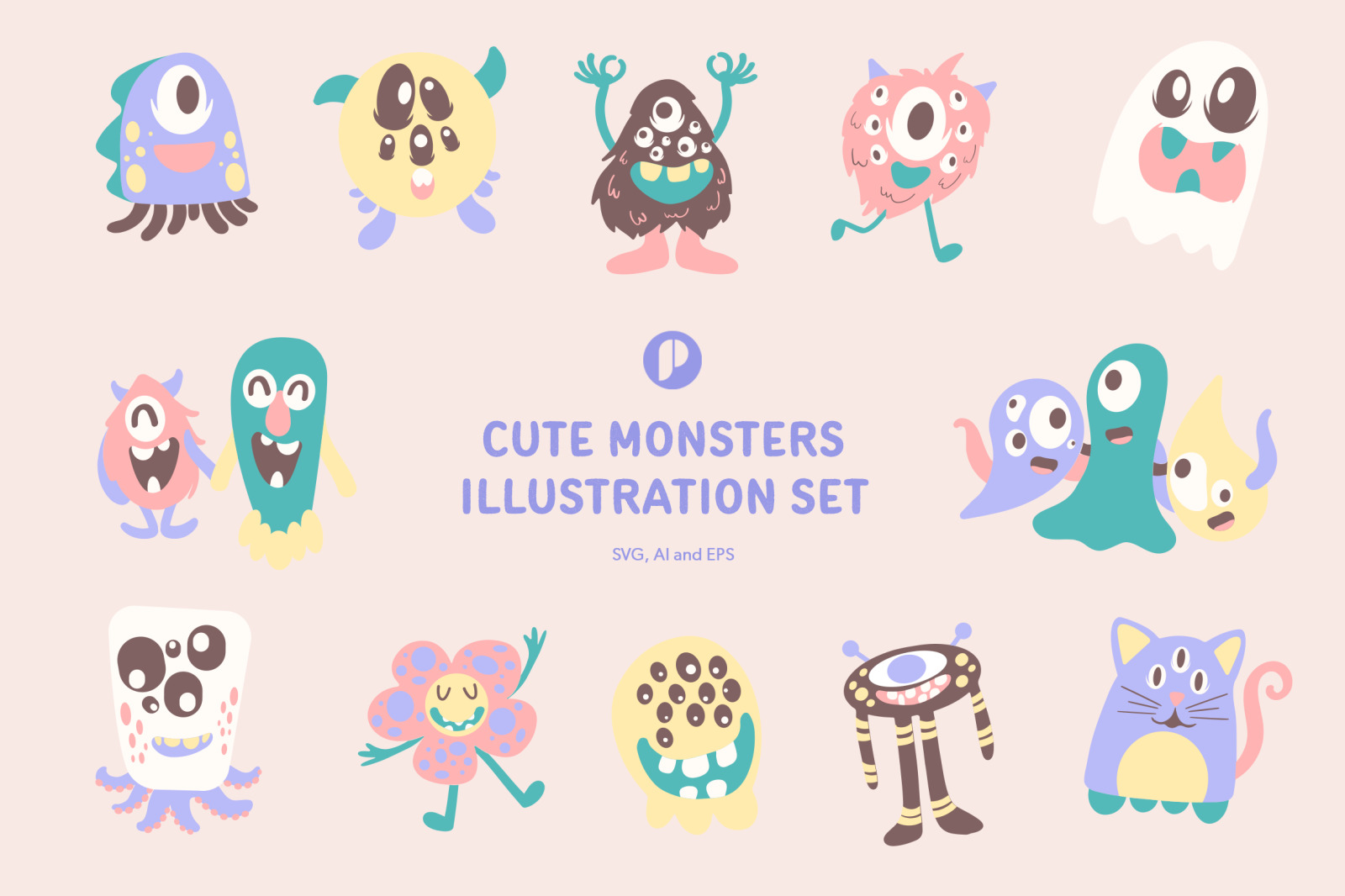 Colorful cute monsters illustration set Colorful cute monsters illustration set