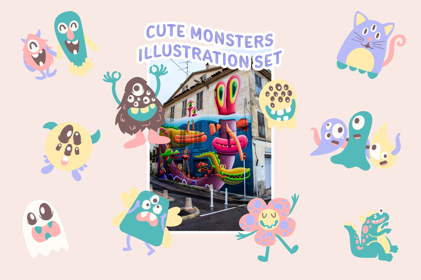 Colorful cute monsters illustration set Colorful cute monsters illustration set