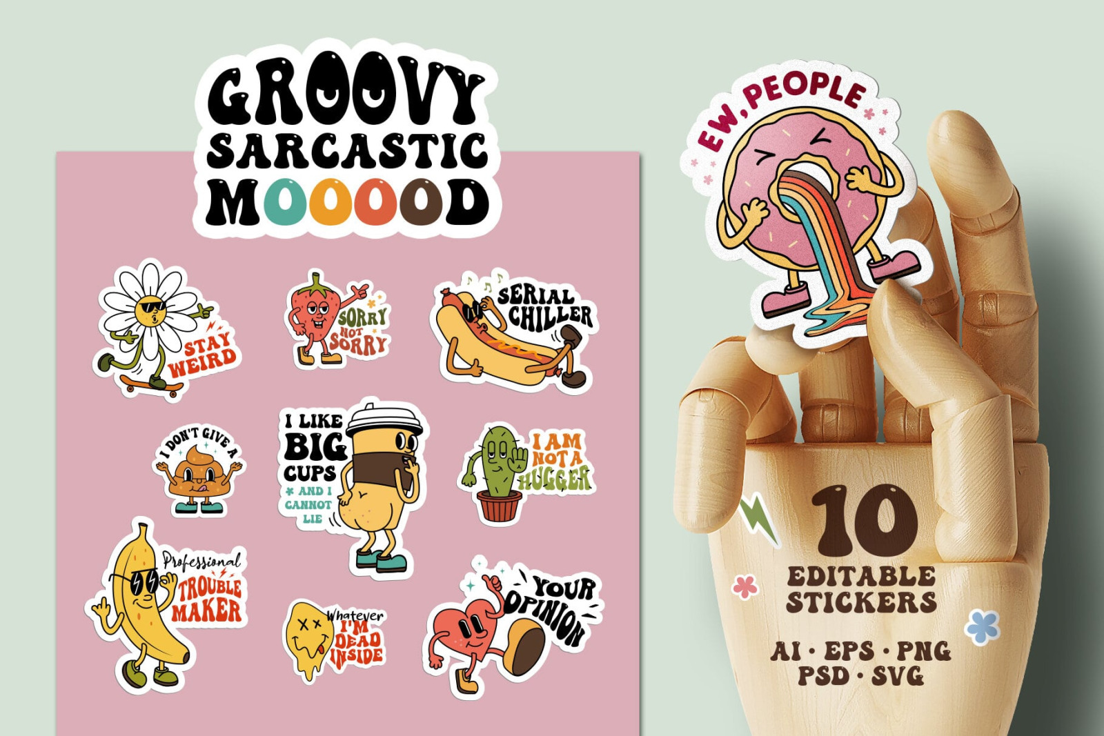 Groovy Sarcastic Mood. 10 Editable Stickers