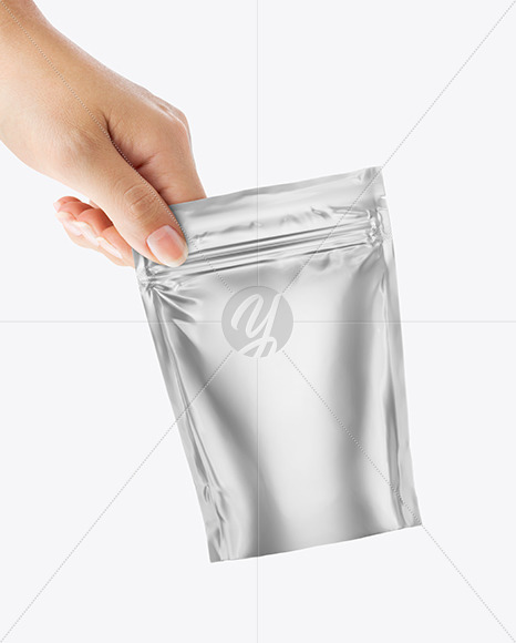 Matte Metallic Stand Up Pouch in a Hand Mockup