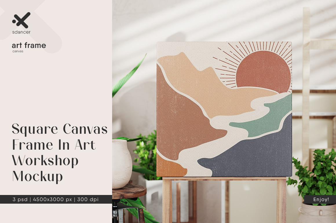 Square Canvas Frame In Art Workshop Mockup Square Canvas Frame In Art Workshop Mockup