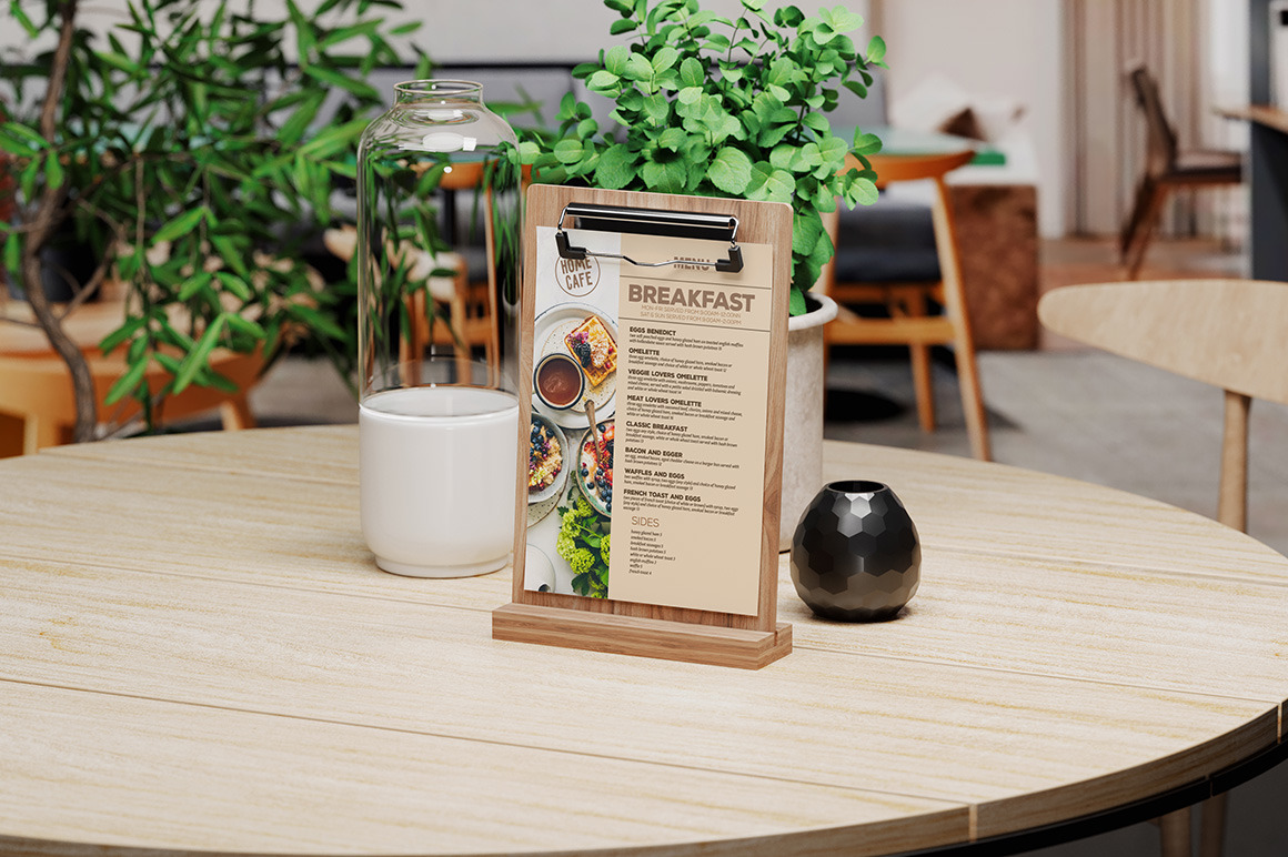 Set Of Different Table Sign / Menu Stand In Restaurant Mockup Set Of Different Table Sign / Menu Stand In Restaurant Mockup