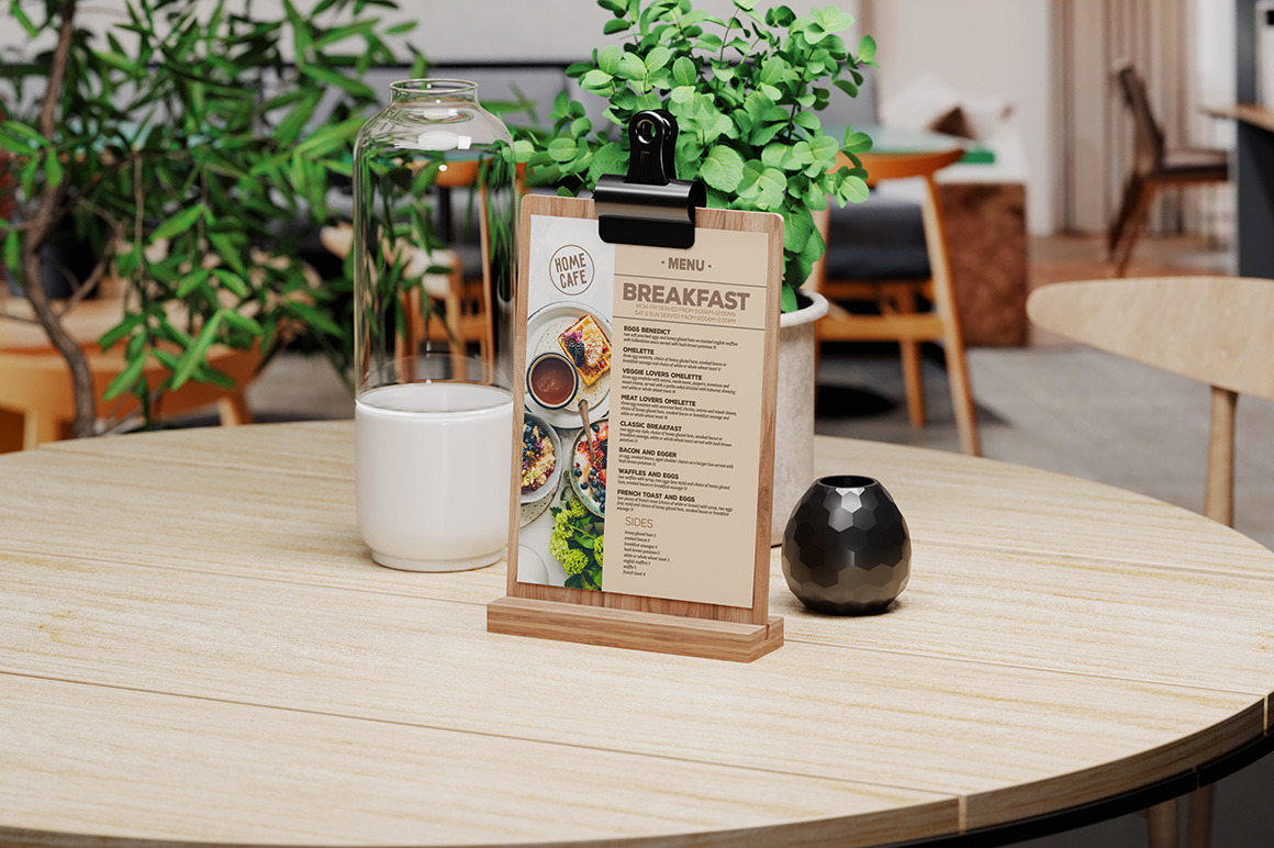 Set Of Different Table Sign / Menu Stand In Restaurant Mockup Set Of Different Table Sign / Menu Stand In Restaurant Mockup