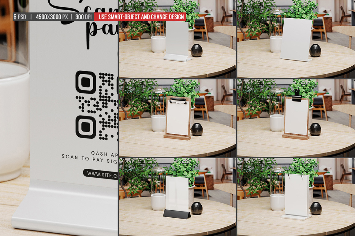 Set Of Different Table Sign / Menu Stand In Restaurant Mockup Set Of Different Table Sign / Menu Stand In Restaurant Mockup
