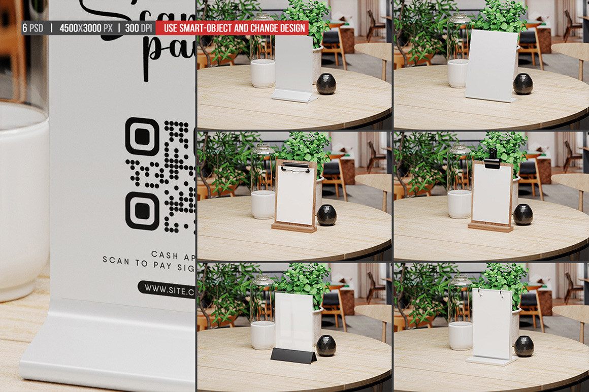 Set Of Different Table Sign / Menu Stand In Restaurant Mockup