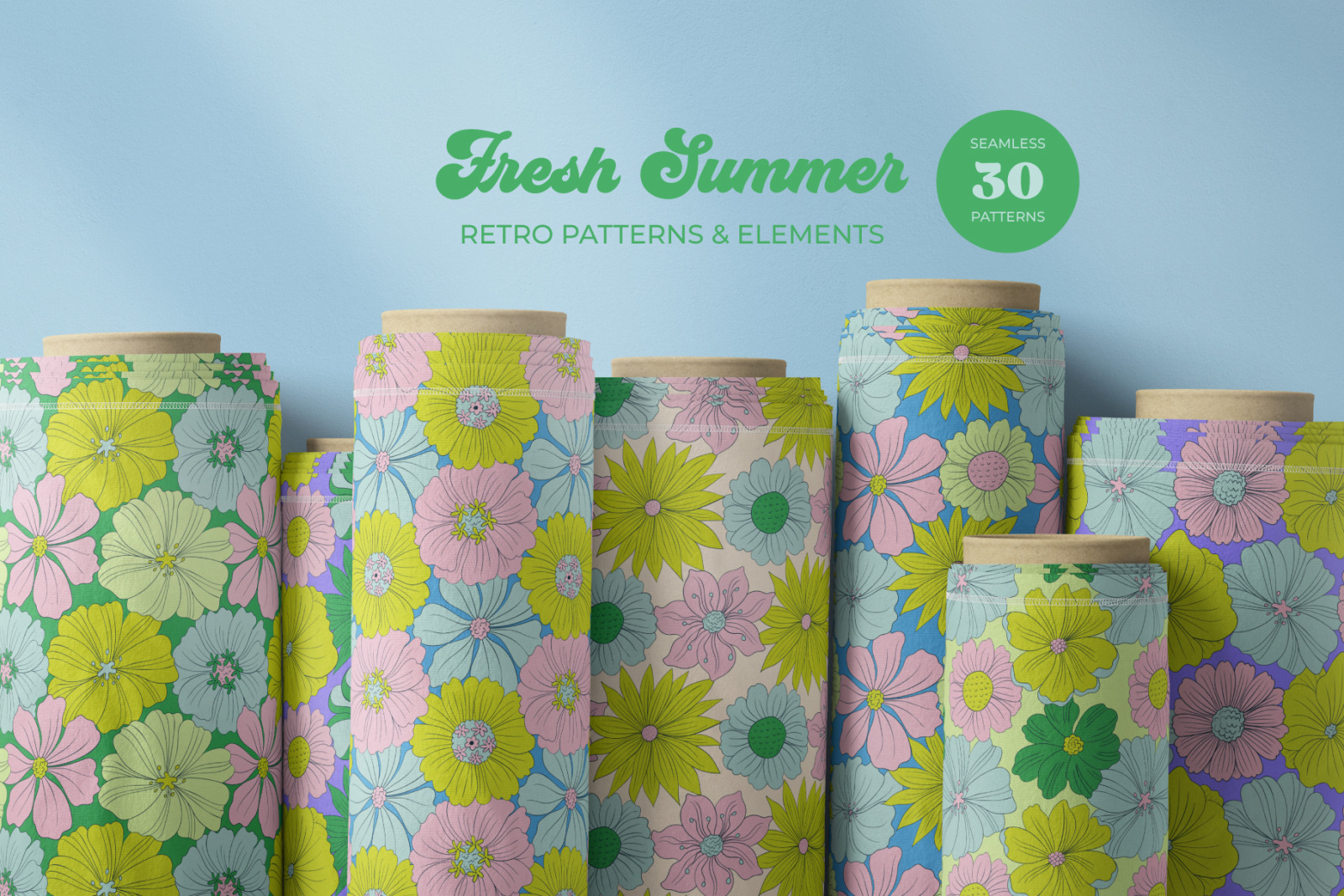 Fresh Summer Retro Floral Seamless Patterns and Objects