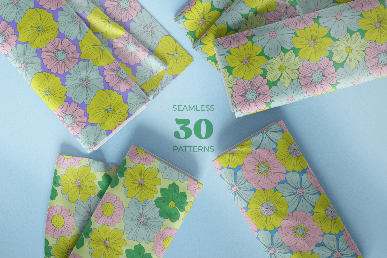 Fresh Summer Retro Floral Seamless Patterns and Objects