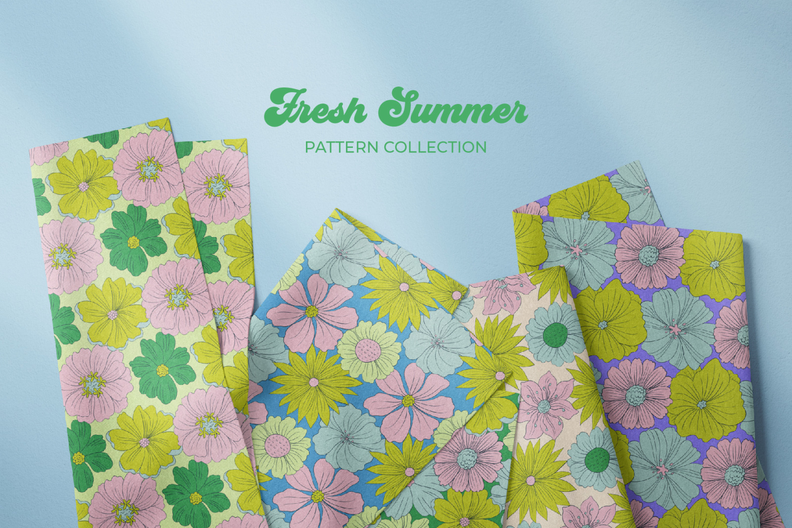 Fresh Summer Retro Floral Seamless Patterns and Objects