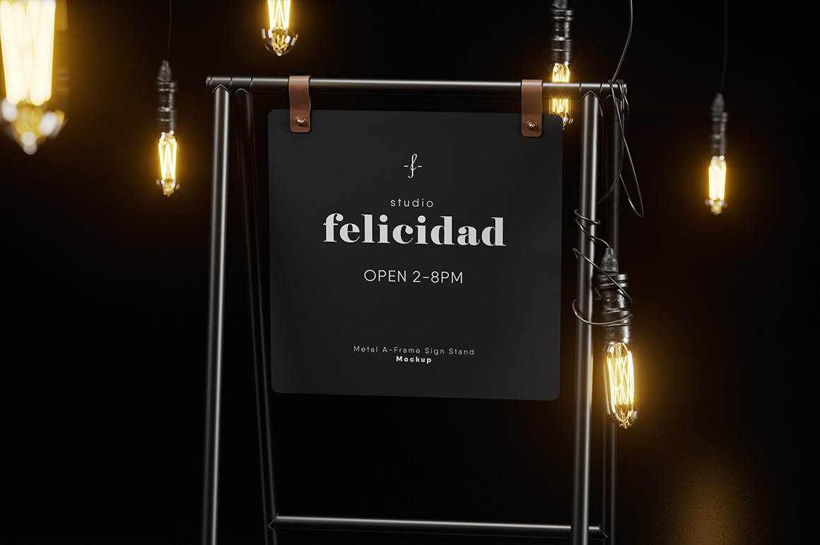 Metal A-Frame Sign Stand Black Scene Mockup Metal A-Frame Sign Stand Black Scene Mockup
