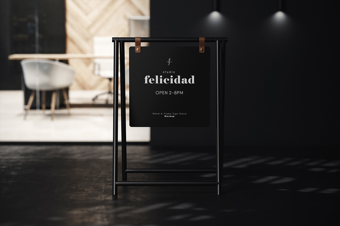Metal A-Frame Sign Stand Black Scene Mockup Metal A-Frame Sign Stand Black Scene Mockup