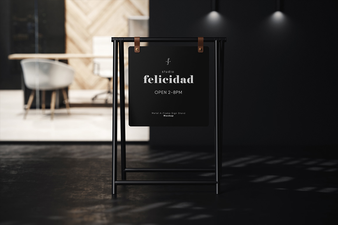 Metal A-Frame Sign Stand Black Scene Mockup