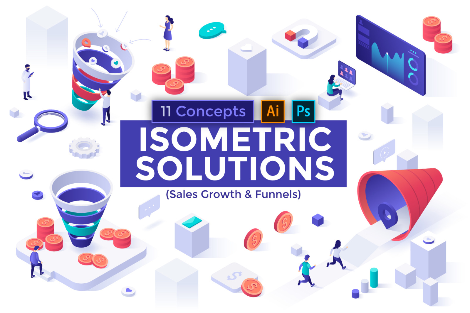 11 Isometric Templates. Sales Growth &amp; Funnels