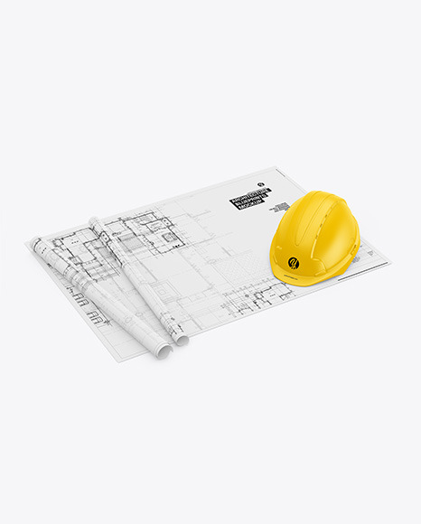 Blueprints With Hard Hat Mockup