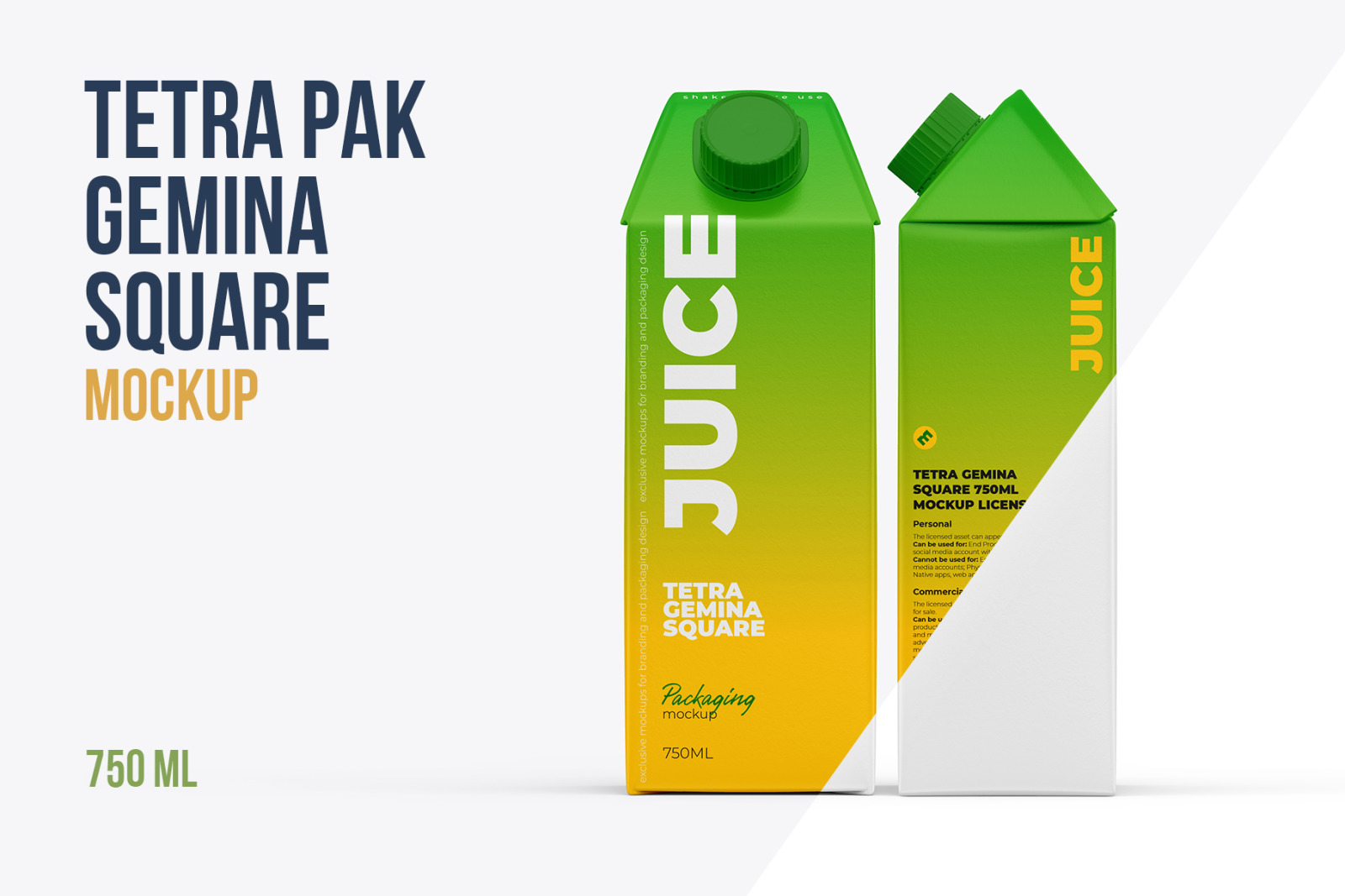 Tetra Gemina Square 750ml Juice mockup - Front and Side View