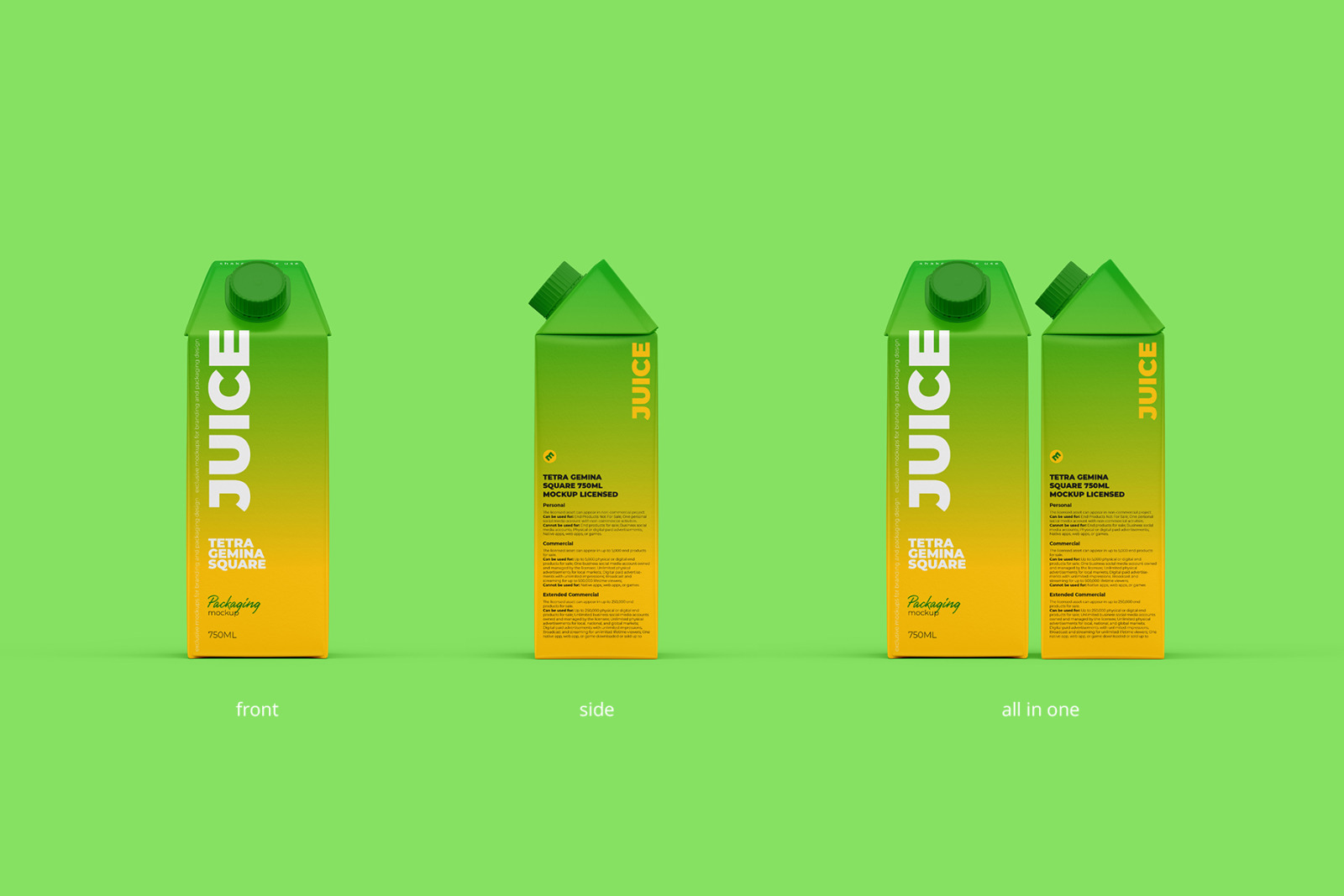 Tetra Gemina Square 750ml Juice mockup - Front and Side View