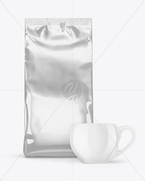 Glossy Metallic Coffee Bag with Cup Mockup