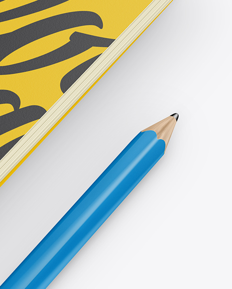 Notebook &amp; Pencil Mockup - Half Side View (High Angle Shot)