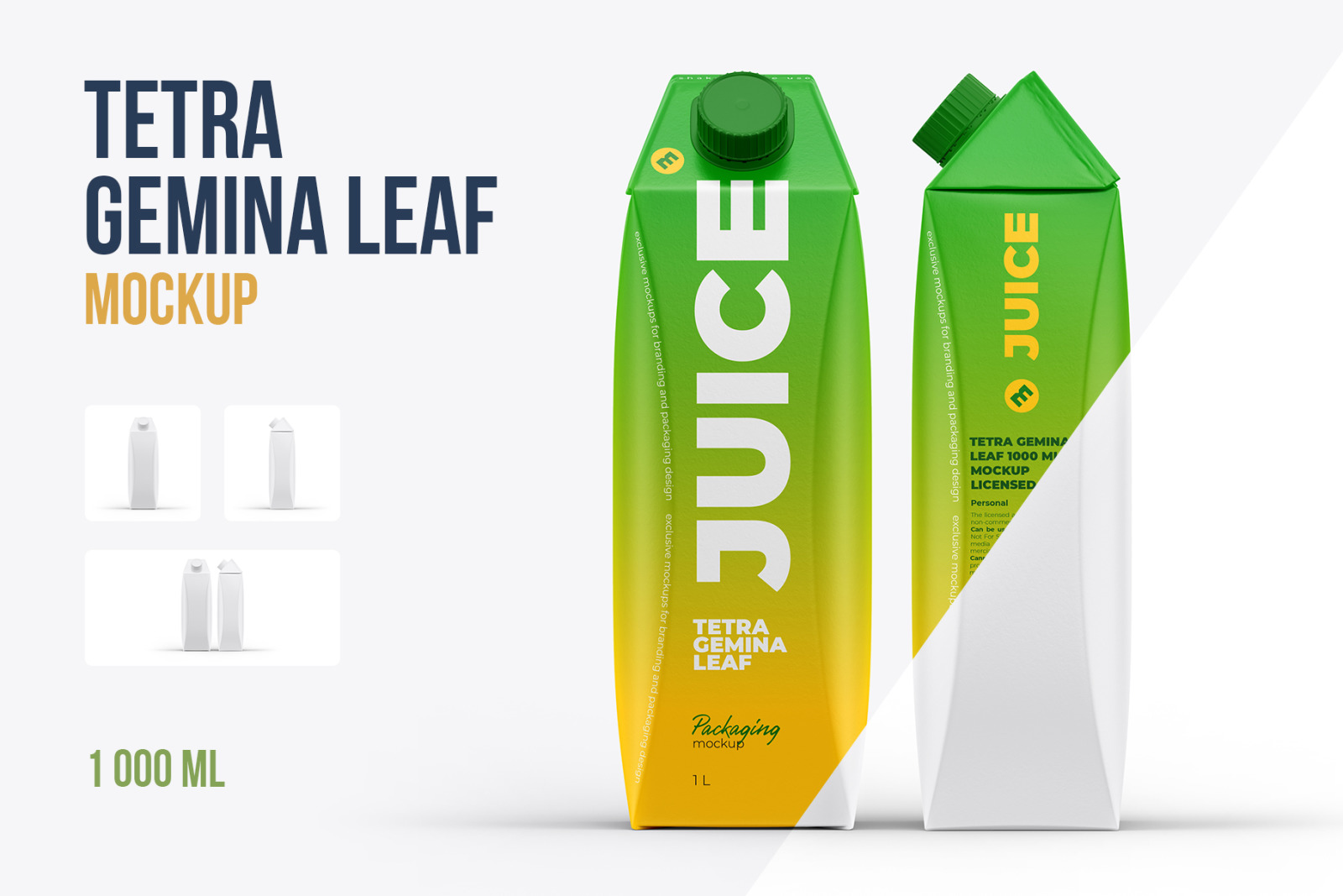 Tetra Gemina Leaf 1000ml Juice Mockup Front and Side view Tetra Gemina Leaf 1000ml Juice Mockup Front and Side view