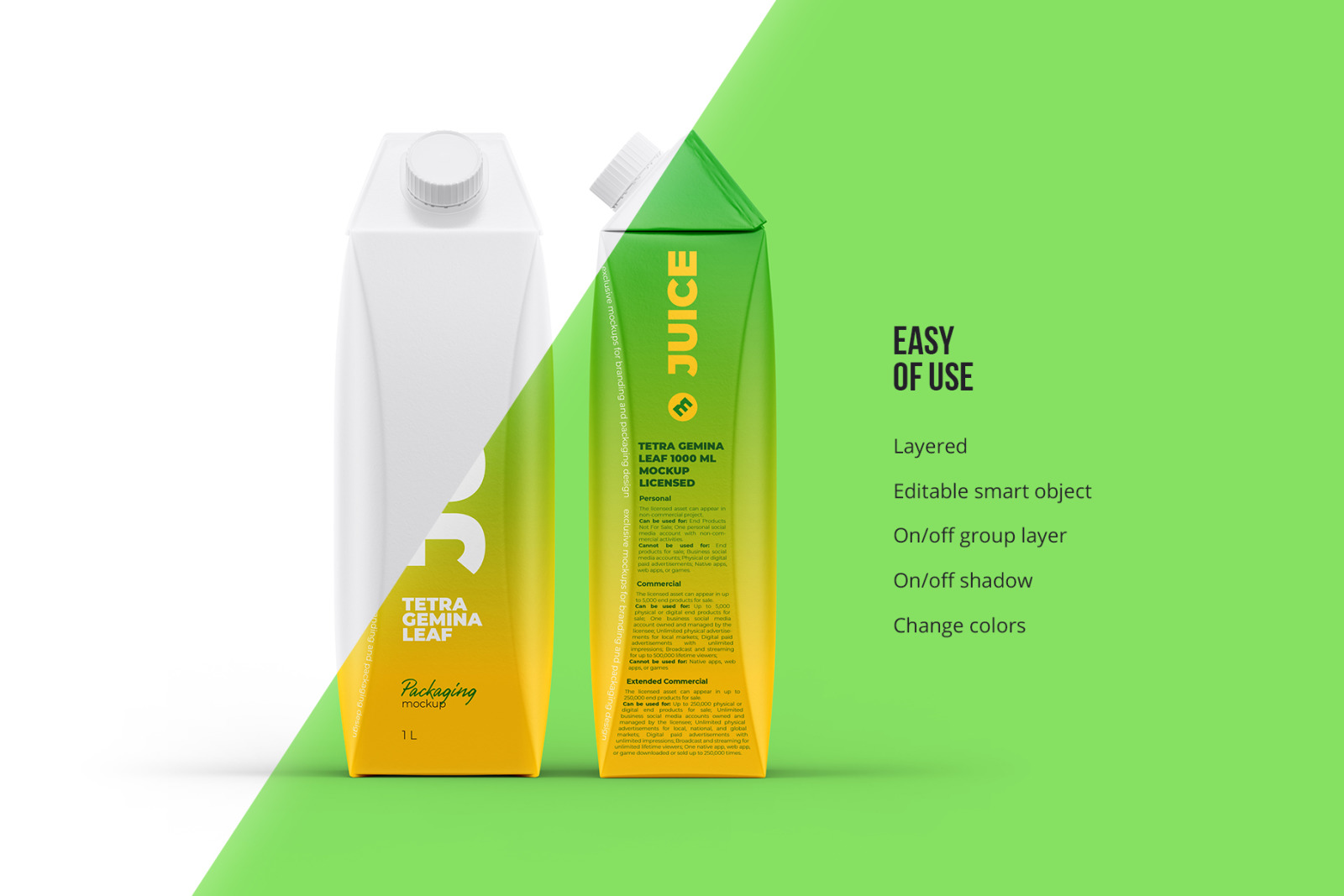 Tetra Gemina Leaf 1000ml Juice Mockup Front and Side view Tetra Gemina Leaf 1000ml Juice Mockup Front and Side view