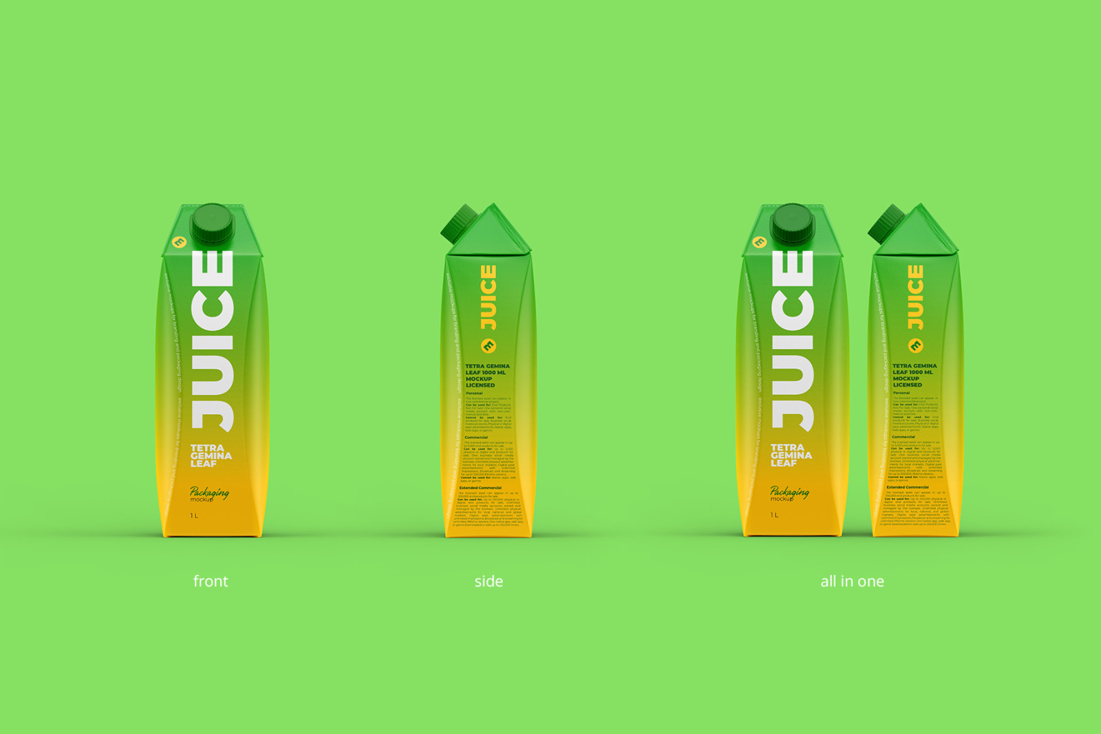 Tetra Gemina Leaf 1000ml Juice Mockup Front and Side view Tetra Gemina Leaf 1000ml Juice Mockup Front and Side view