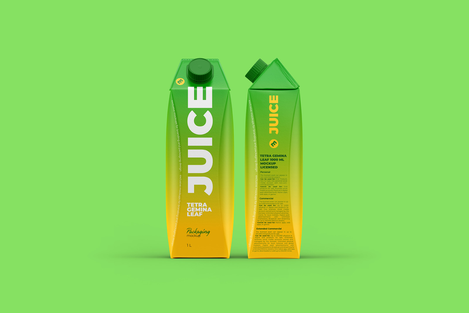 Tetra Gemina Leaf 1000ml Juice Mockup Front and Side view Tetra Gemina Leaf 1000ml Juice Mockup Front and Side view