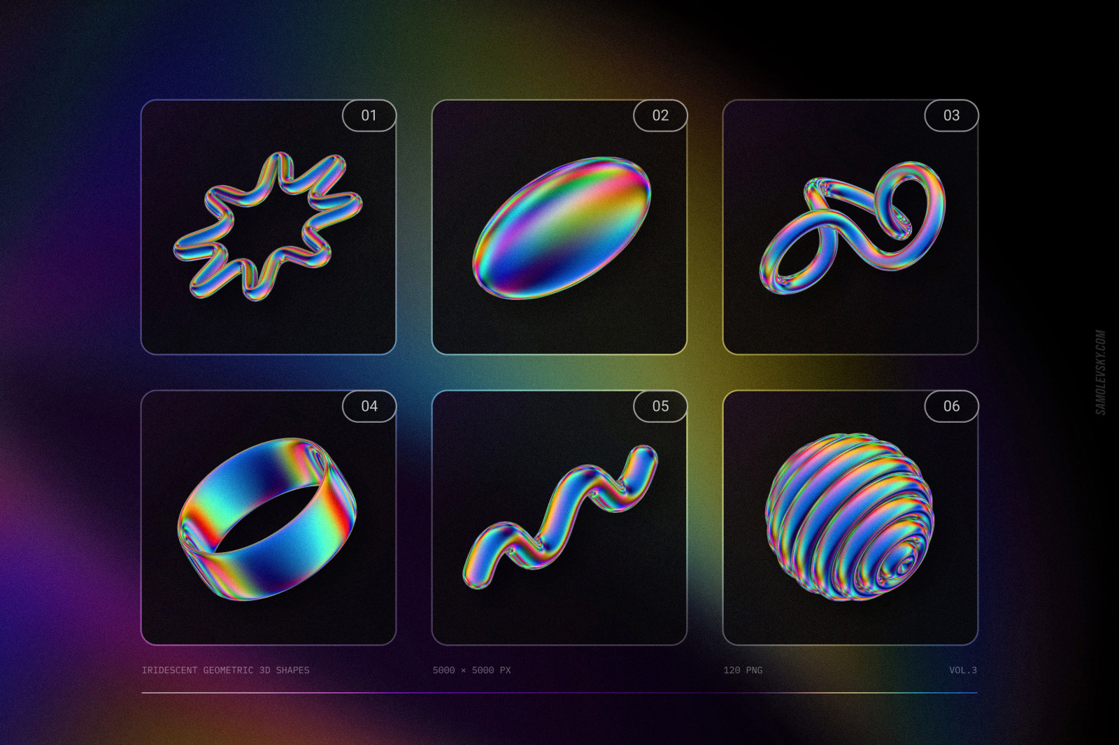 120 Iridescent geometric 3D shapes pack Vol.3