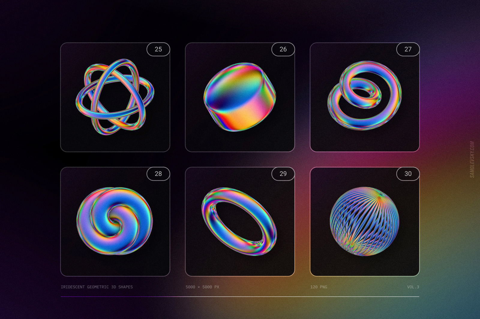 120 Iridescent geometric 3D shapes pack Vol.3