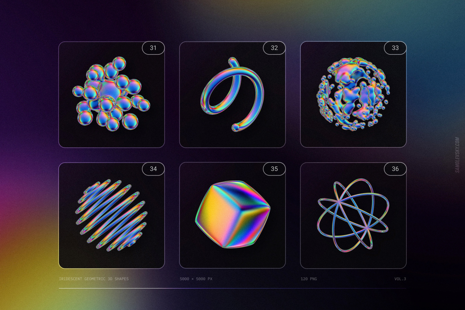 120 Iridescent geometric 3D shapes pack Vol.3