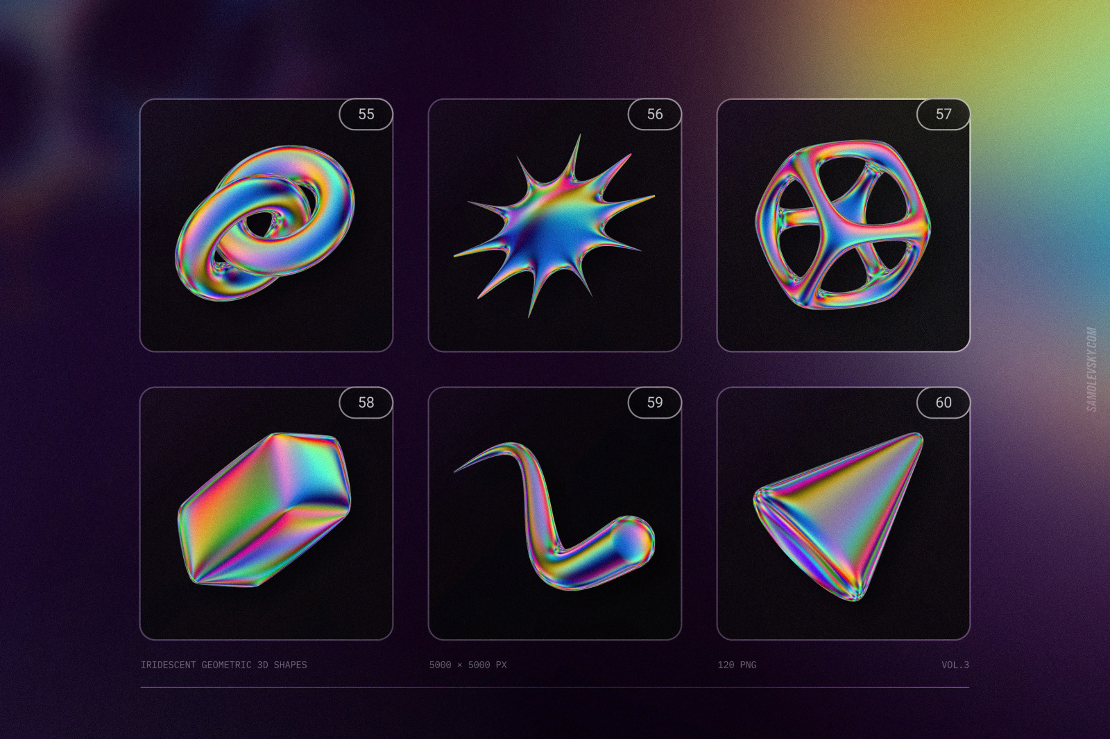 120 Iridescent geometric 3D shapes pack Vol.3