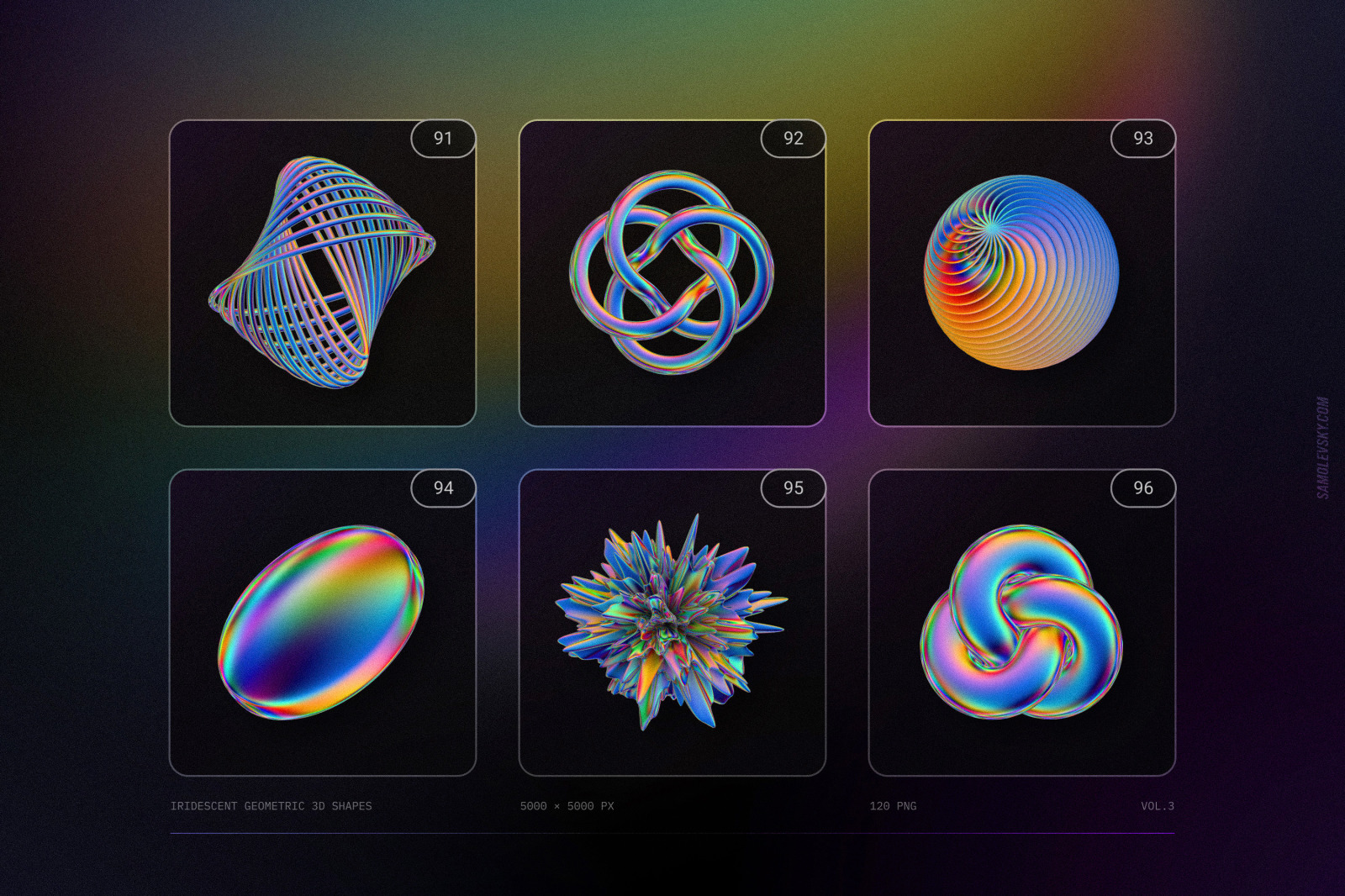 120 Iridescent geometric 3D shapes pack Vol.3