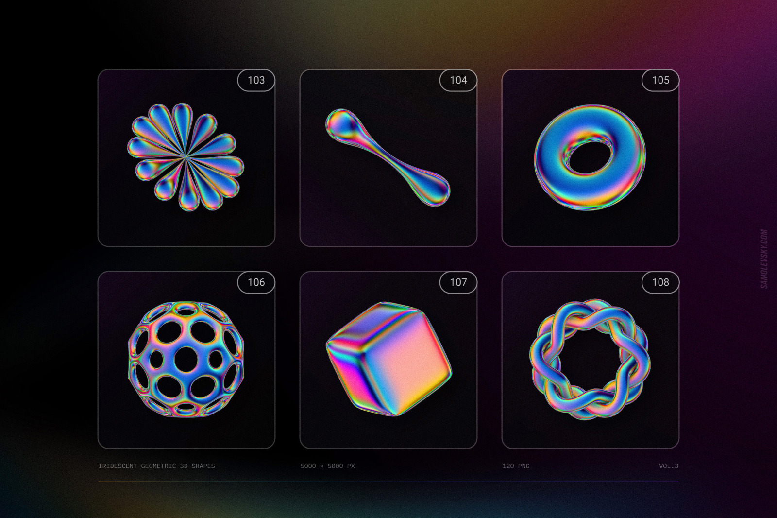 120 Iridescent geometric 3D shapes pack Vol.3