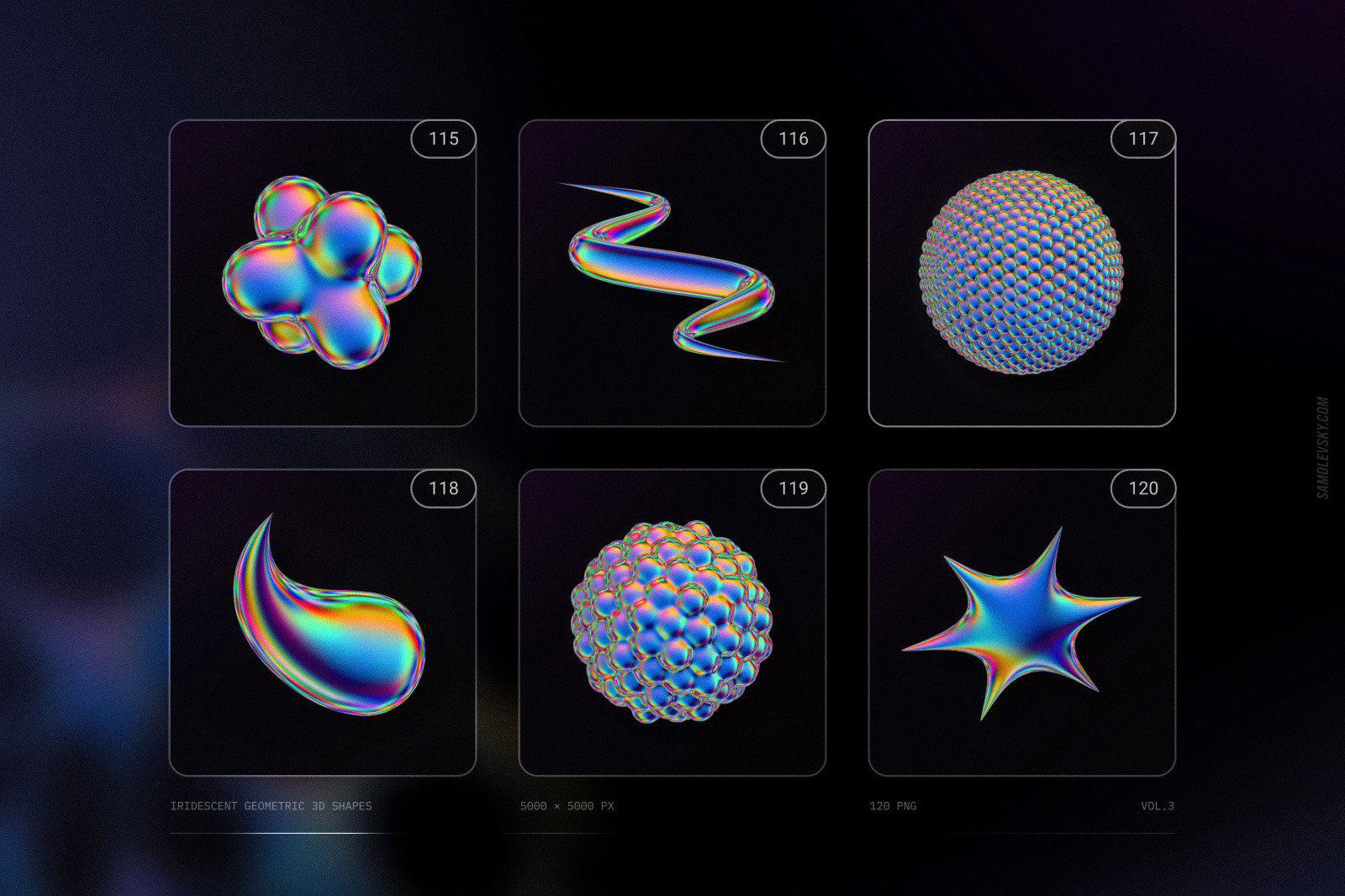 120 Iridescent geometric 3D shapes pack Vol.3